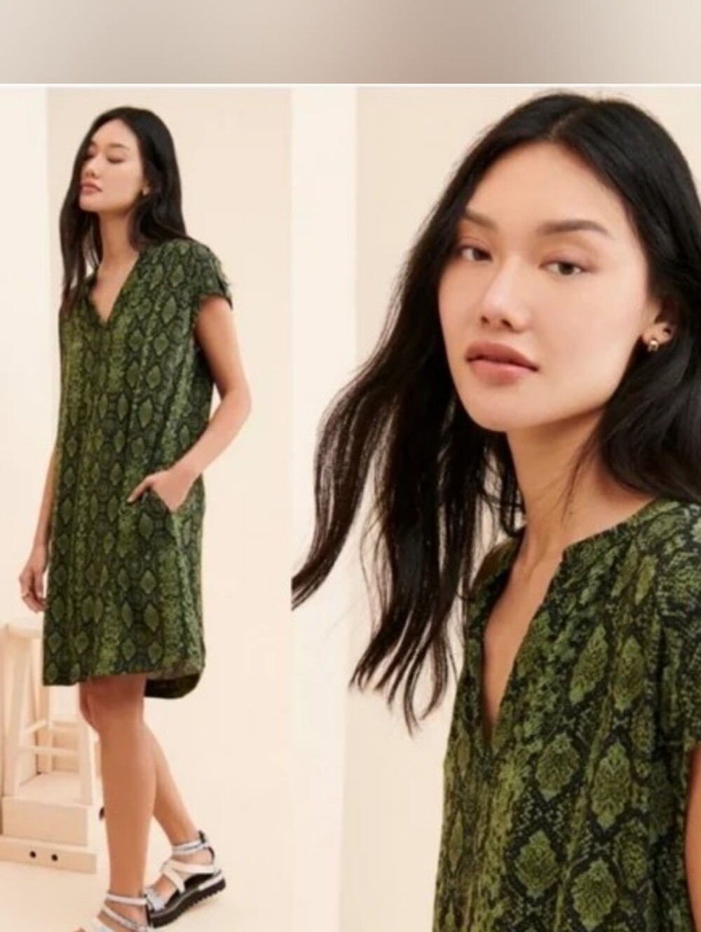 Anthropologie Rachel Tunic Dress Women Medium Green Black Snakeskin Print Shift